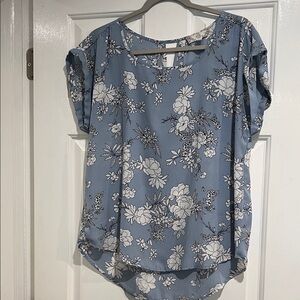 Pink Rose Blue Floral Scoop Neck Blouse